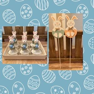 Easter Bunny Mini Candles & Small Easter Bunny Wood Picks Bundle, Easter Decor